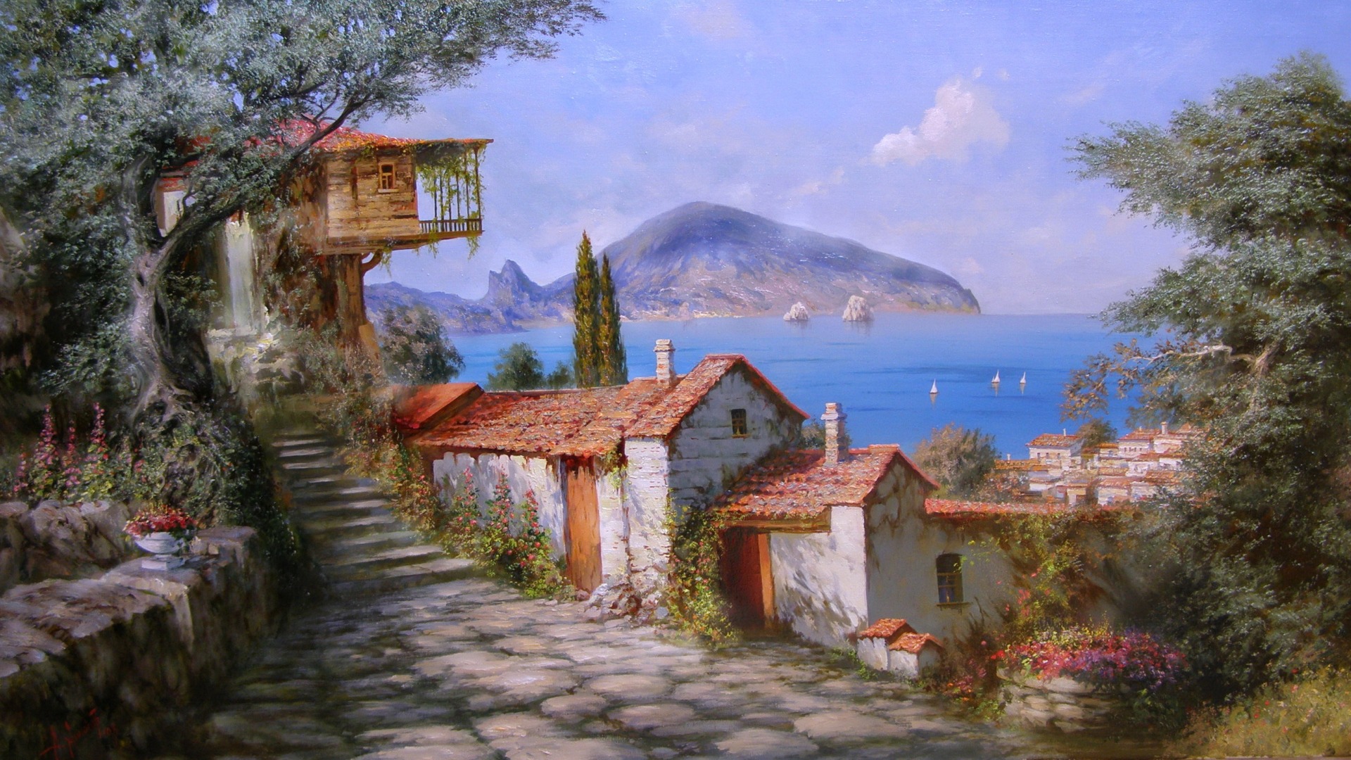 海边小镇 地中海油画 油画，亚历山大·米留可夫作品，风景画桌面壁纸