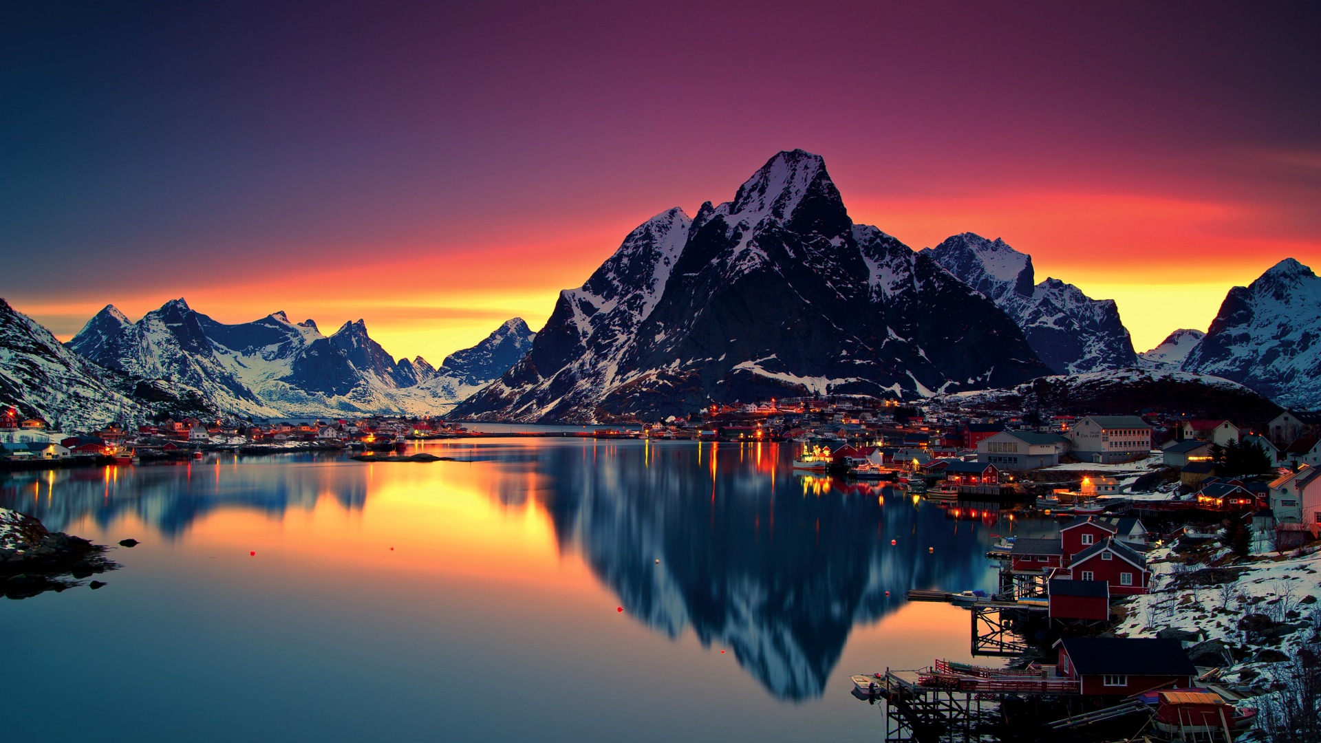 挪威罗弗敦，山，湖，房子，雪，风景桌面壁纸