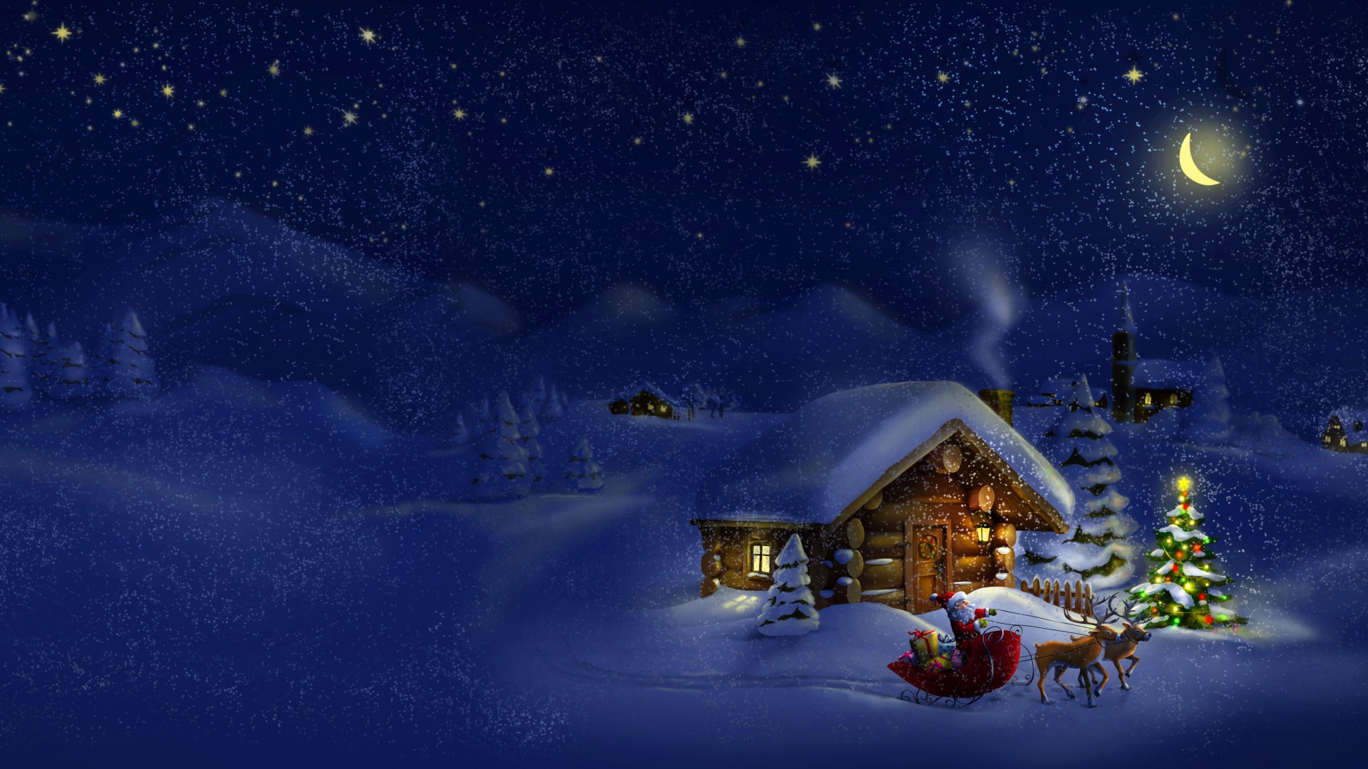 冬夜雪舞,小房灯光映雪景,圣诞风情壁纸免费下载
