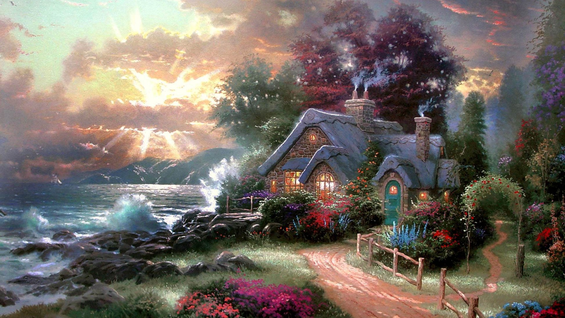 新的一天到来，托马斯·金凯德，日出，海岸，美丽的家园，风景桌面壁纸