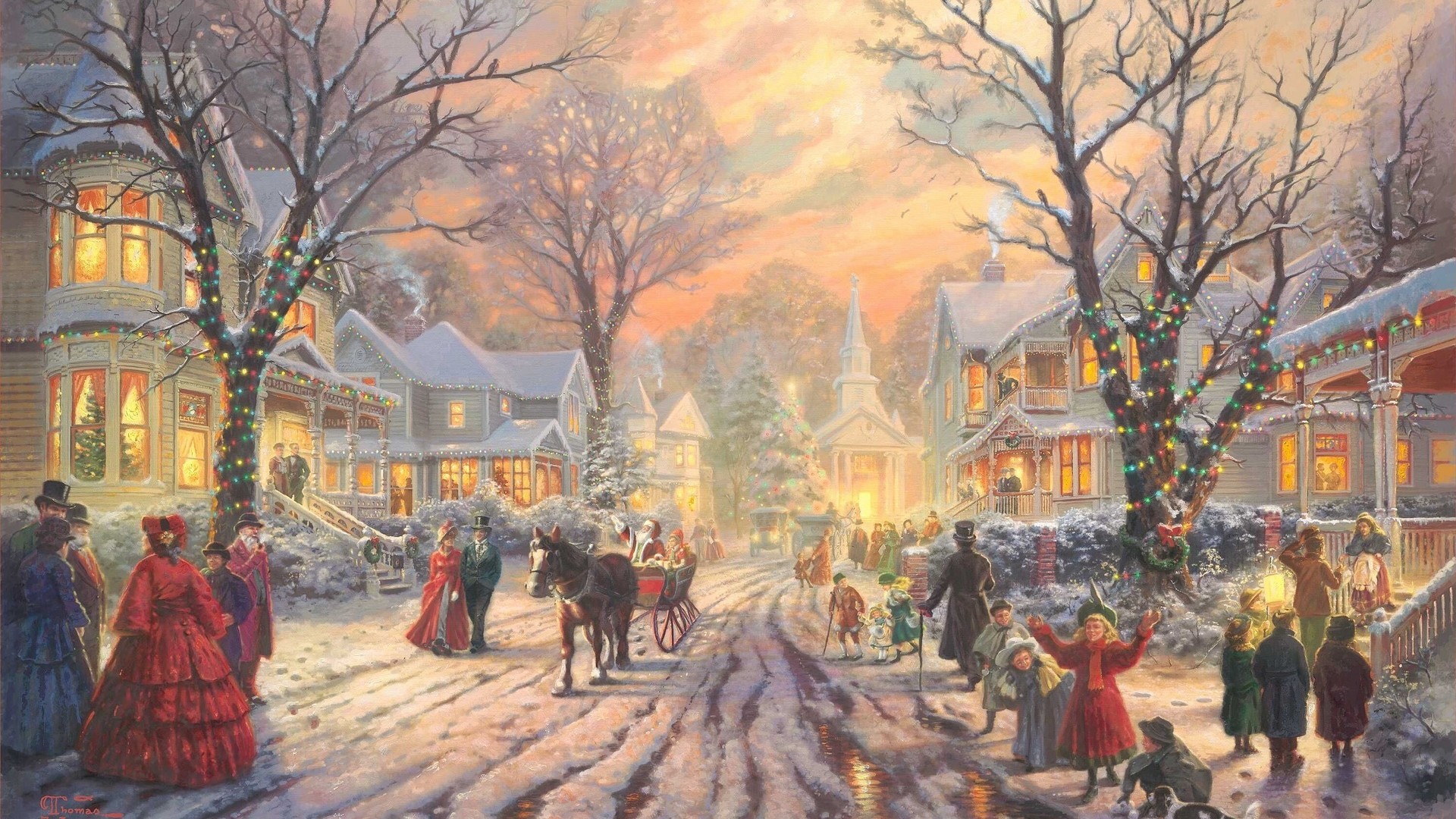 新的一年，圣诞节，城镇，街道，thomas kinkade托马斯金凯德作品，风景油画经典桌面壁纸