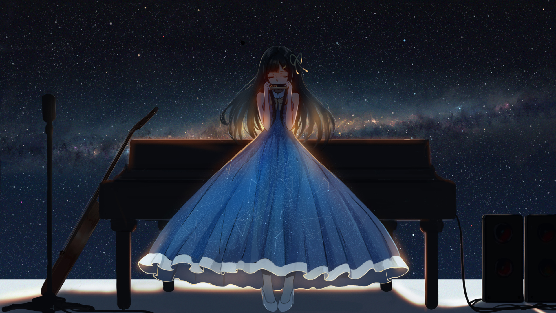女孩子 星空 宇宙 口琴 动漫壁纸