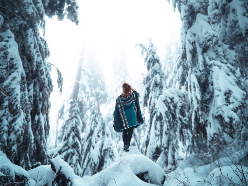 雪中女人孤独背影图片