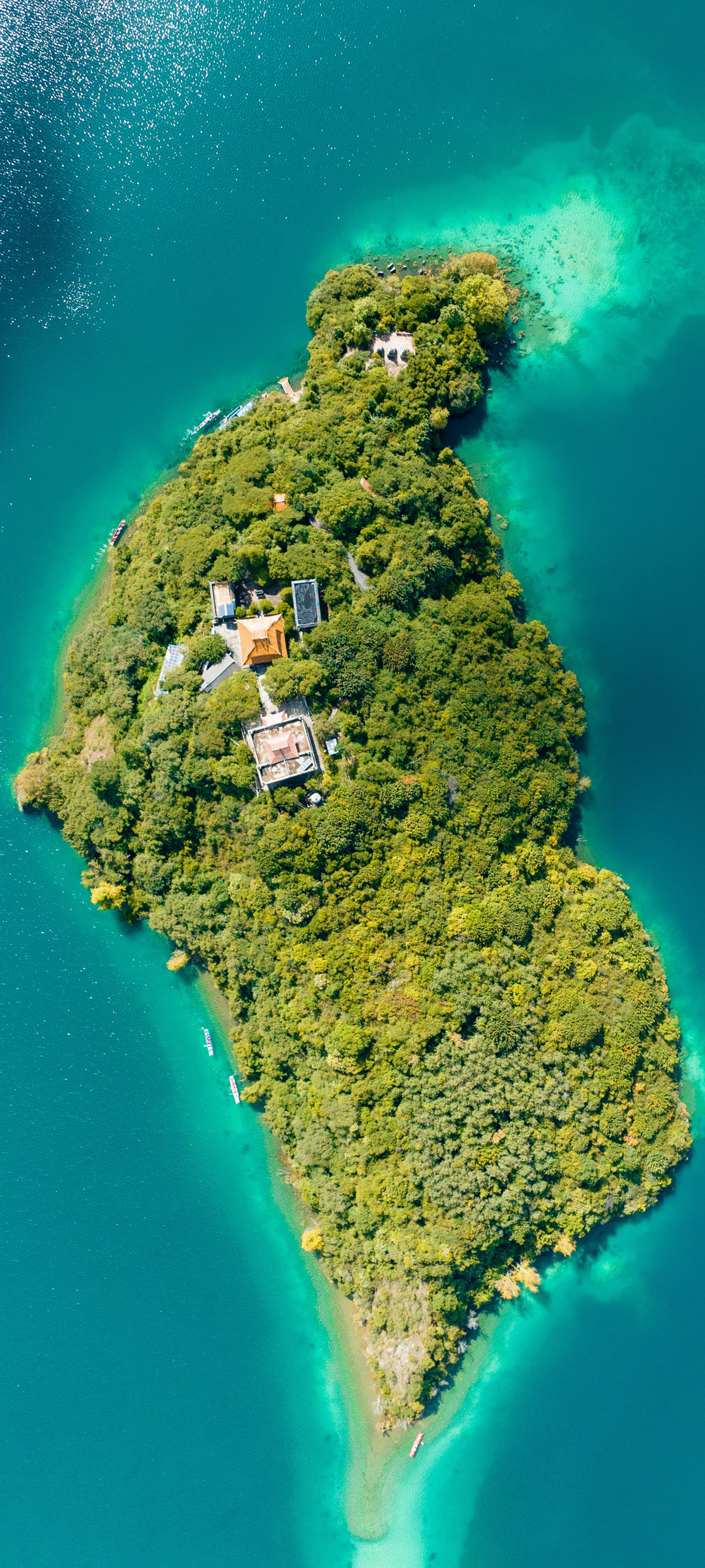 俯视 大海 小岛 树林 房子 风景手机壁纸
