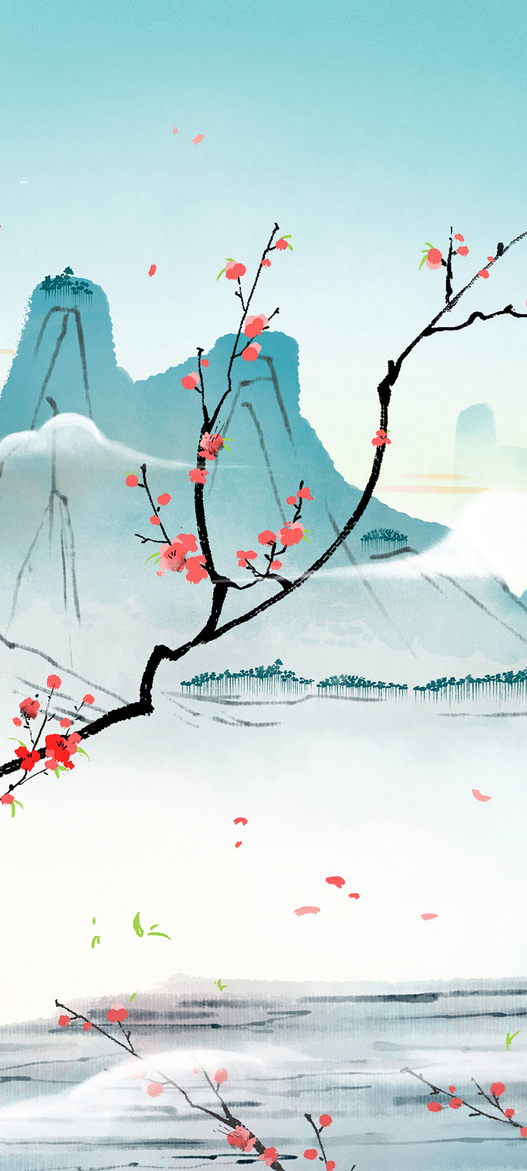 中国风风景 手绘画 山 梅花手机壁纸