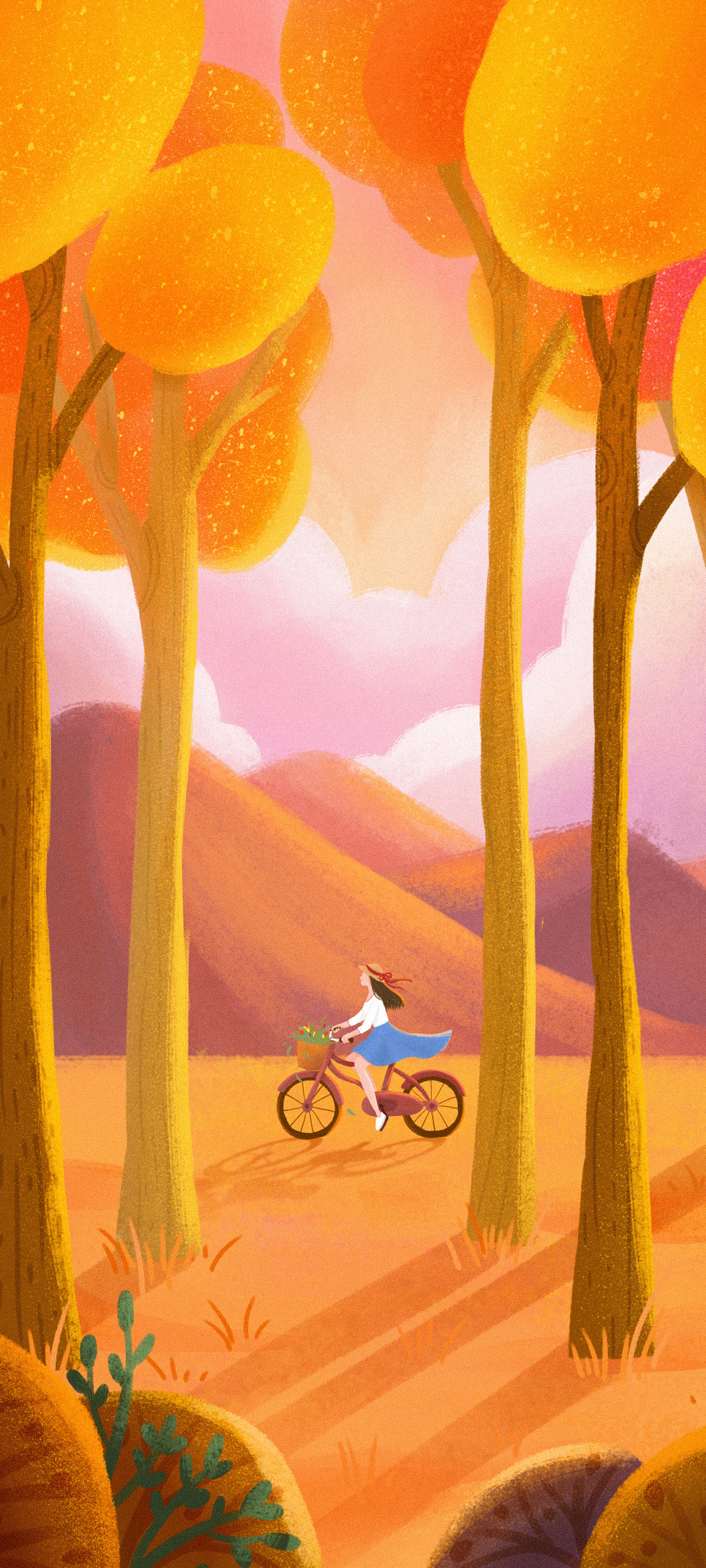 秋天 树林 女孩 单车 手绘风景 手机桌面