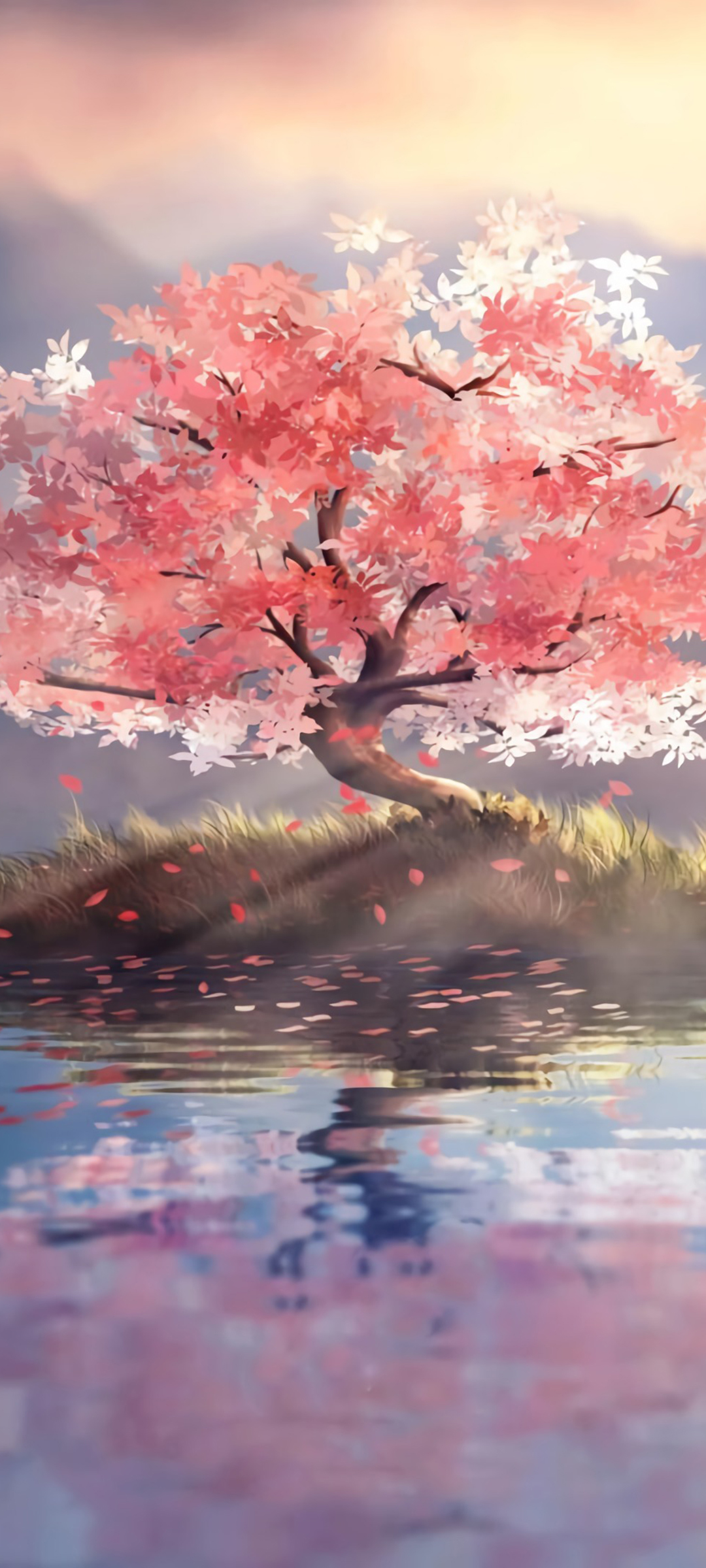 红色树叶树 孤单的树 湖水 中央 唯美风景 手机壁纸