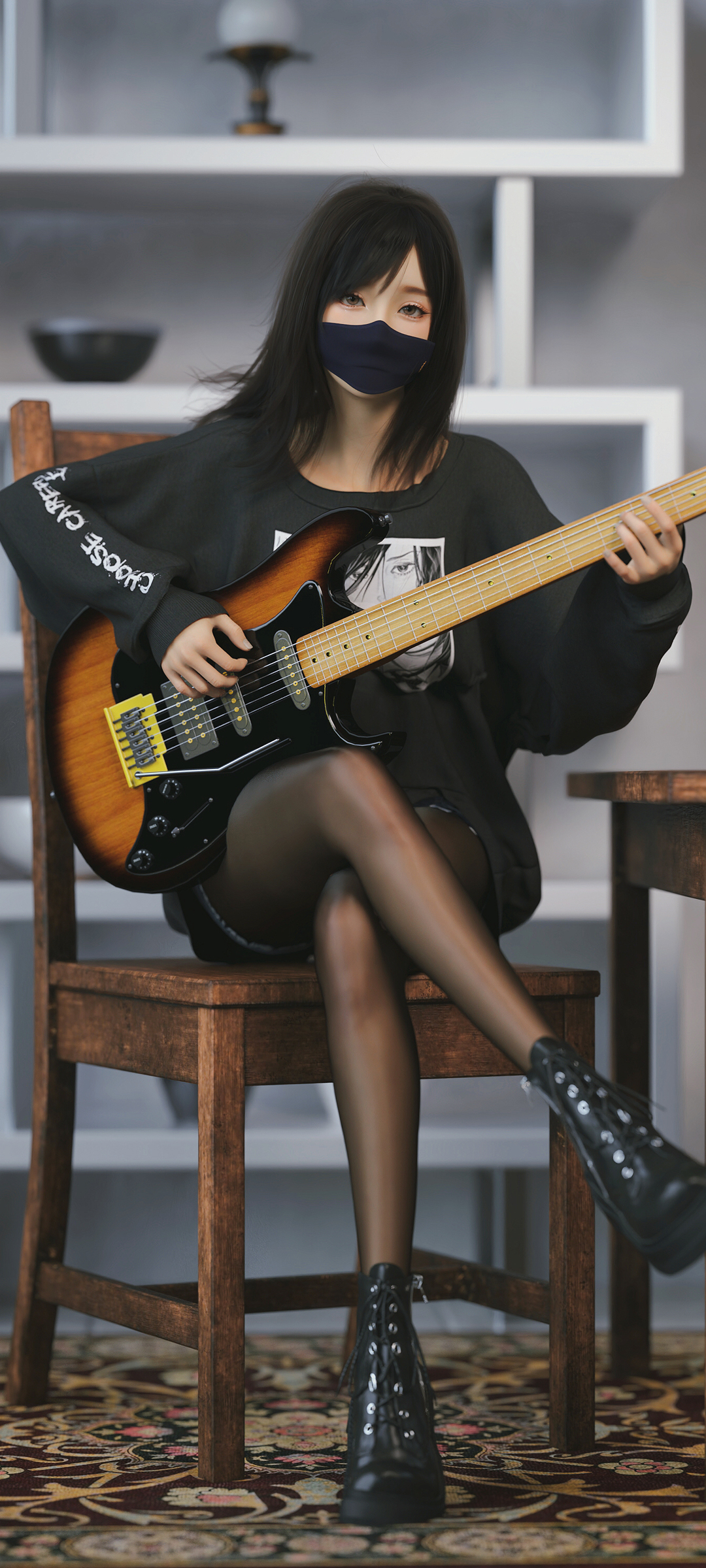个性3d美女 黑色丝袜 吉他 高清手机壁纸