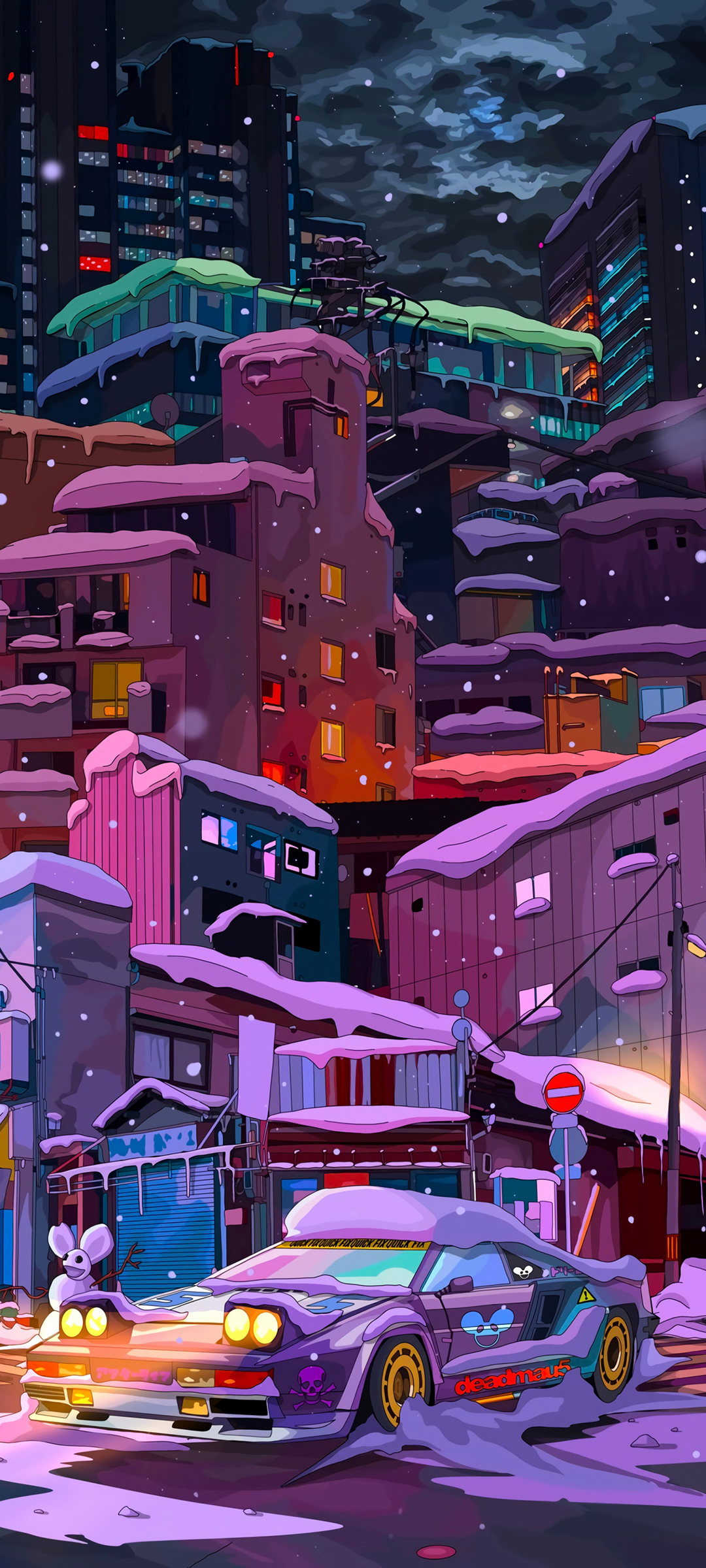 赛博朋克风城市雪景汽车壁纸，动漫风格免费下载