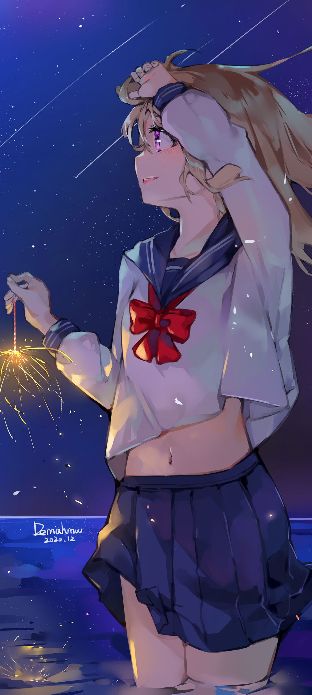 星空夜景水手服少女，全面屏动漫风景壁纸，免费下载美化手机！