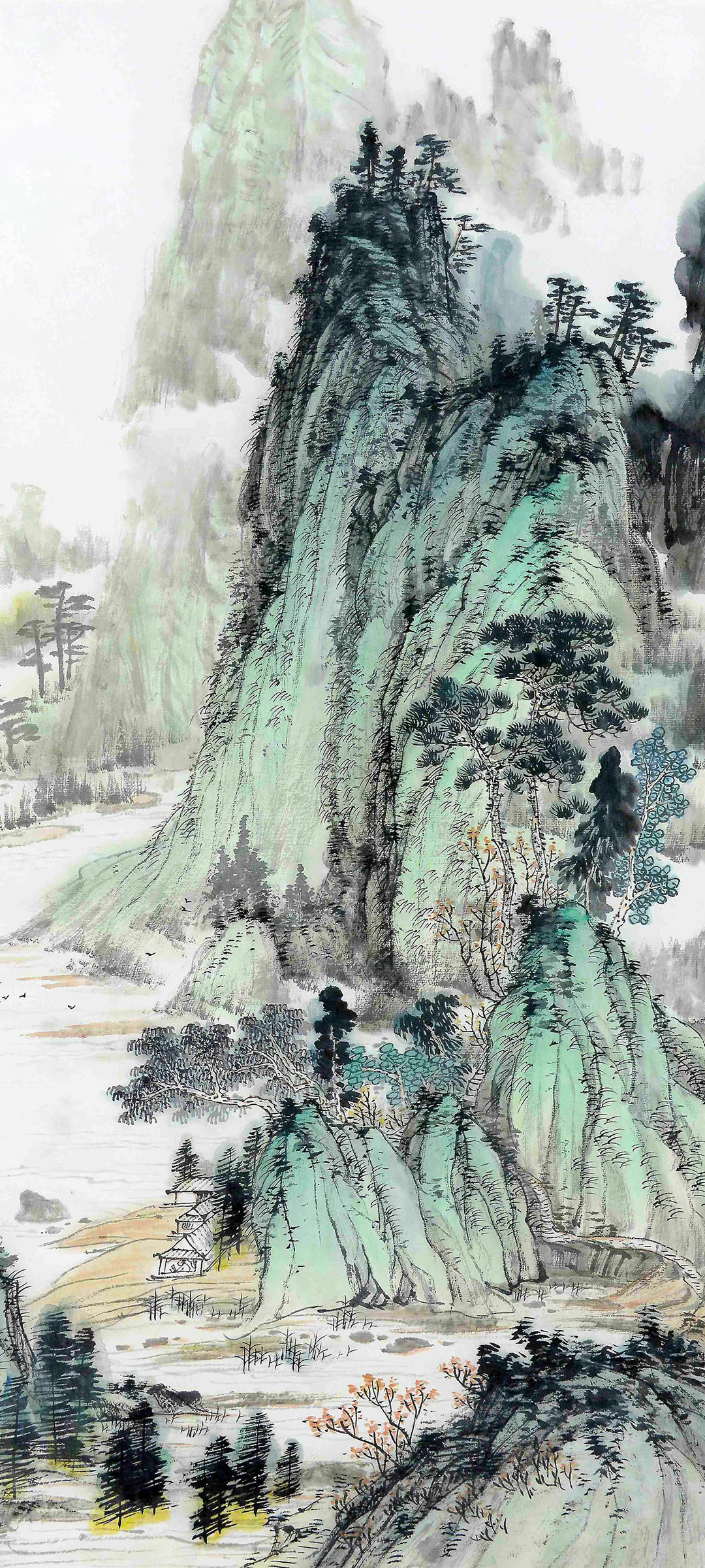 中国风山水画，石头山树景，免费手机壁纸下载