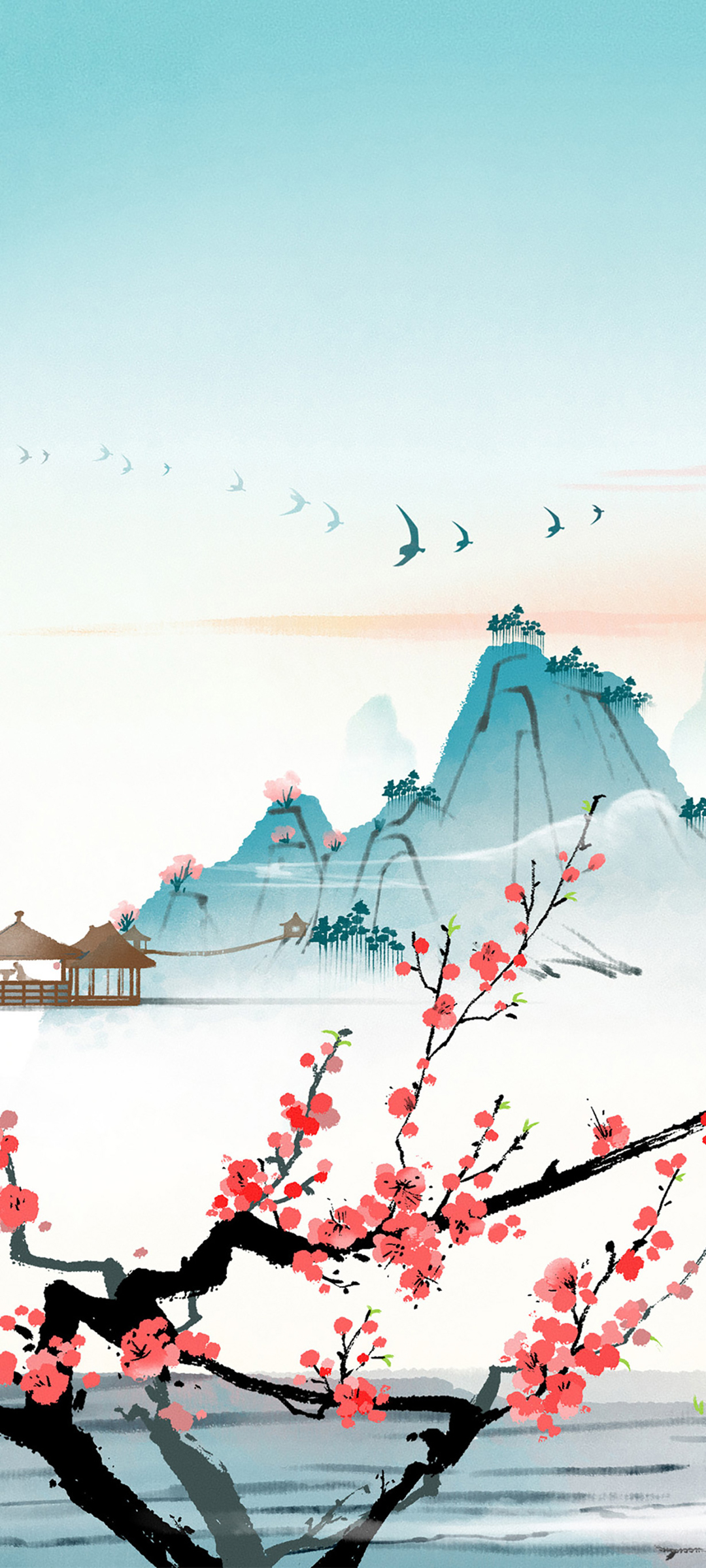 中国风 手绘风景 梅花 山 风景手机壁纸