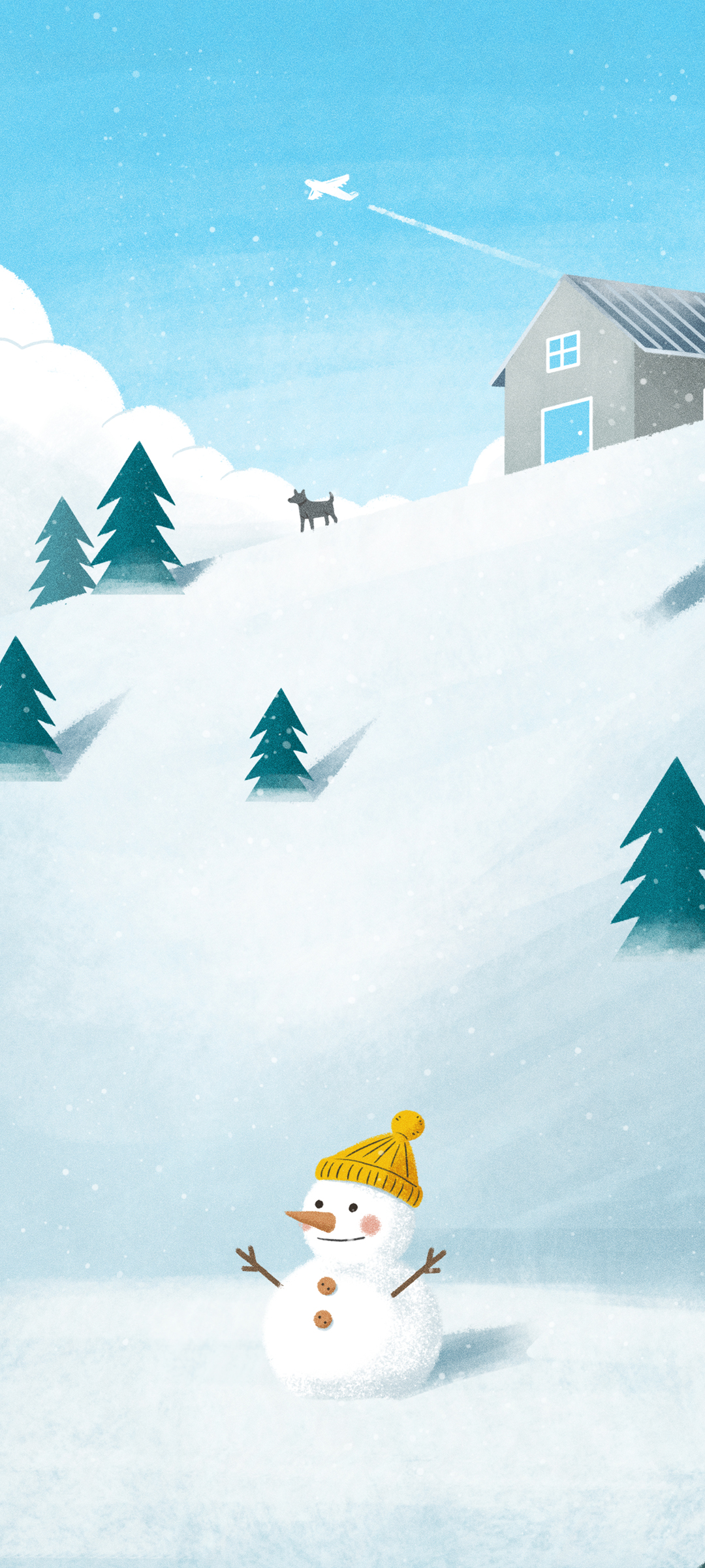 冬天 手绘 风景 雪人 雪 房子 小狗 树 天空 飞机 手机 壁纸