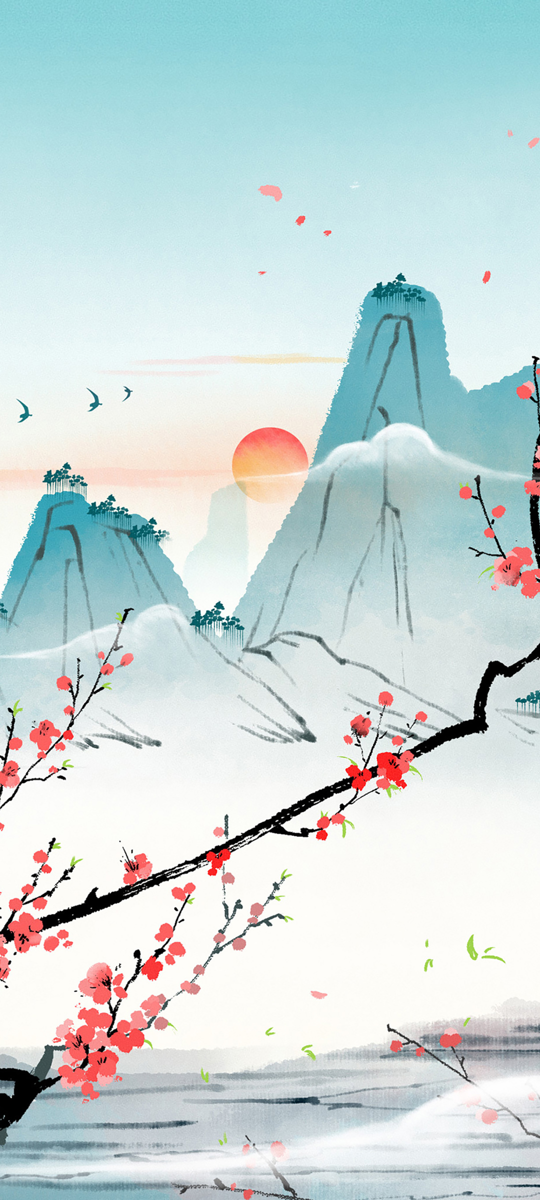 中国风 手绘画风景 山 日出 梅花全屏手机壁纸