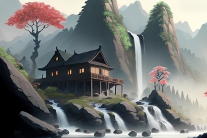 瀑布 房子 树 高山流水 绘画风景4k壁纸