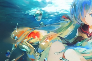 初音未来VOCALOID 水下 金鱼 3440x1440唯美壁纸