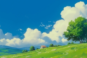 夏天风景 蓝天白云 山 树 房子 绿色草地 鲜花 4k壁纸 3840*2160