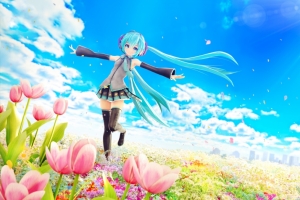 天空 花 郁金香 初音未来 动漫女孩4K壁纸