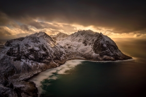 挪威,海岸,全景,冬天,山,雪,罗弗敦群岛风景5K壁纸