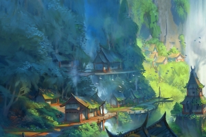 瀑布 房屋 山水画风景3440x1440带鱼屏壁纸