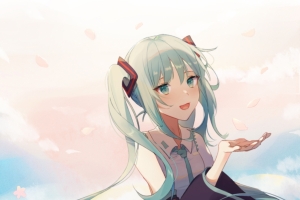 春 初音未来 花瓣 云 手机壁纸