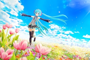 鲜花 女孩，初音未来 风 郁金香 太阳 VOCALOID 动漫二次元5K壁纸