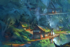 瀑布 房屋 山水画风景3840x1080双屏桌面壁纸