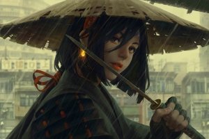 武士女孩 帽子 剑 雨天 女战士 guweiz 4k高清壁纸