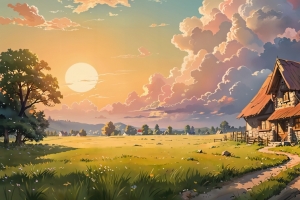 田园小屋风景 夕阳 3440x1440带鱼屏壁纸