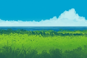 海边 田野 房子 清新风景 5120x1440高清双屏壁纸