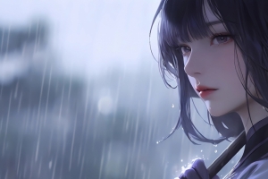 漂亮动漫美女 长发 伞 雨天 3440x1440带鱼屏壁纸