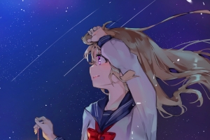 星空 女孩子 露肚脐 水手服 风景 水 夜空 星空 4k手机壁纸竖屏