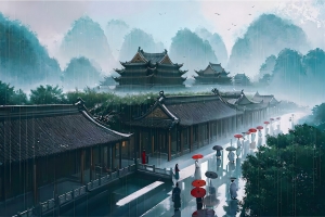 水墨 雨伞 户外 撑伞 建筑 树 风景 中国建筑 中国衣服 油纸伞 建筑物 黑头发 汉服 高清壁纸