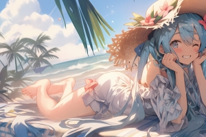 海边 女孩 初音 帽子 3440x1440带鱼屏壁纸