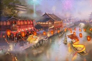 中国风春节河流灯笼