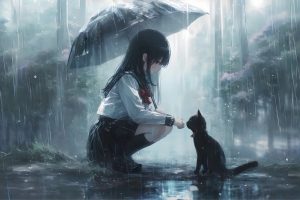 下雨天小女孩和猫2880x1800高清壁纸