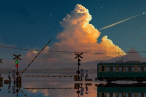 云的彼方 水上列车 湖 云 晚霞 星空 城市 动漫风景场景4k壁纸