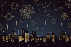 新年城市烟花繁荣夜景