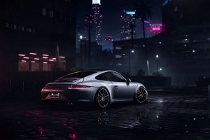 保时捷911 carrera s 保时捷 跑车 灰色 潮湿 侧视图 夜间 4k壁纸 3840x2160