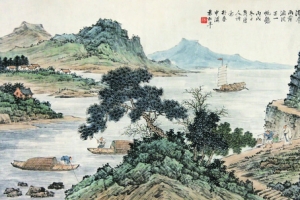 中国风中国画山下河流