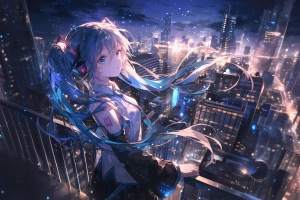 初音未来 城市夜晚星空2880x1800高清电脑壁纸