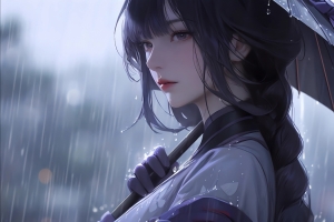 雨天 动漫女孩 长发 伞 2560*1600高清笔记本2K壁纸