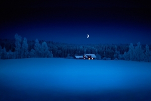 森林雪夜房子月亮风景图片