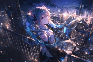 初音未来 城市夜景星空4K动漫壁纸