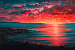 海面，夕阳，阳光，手绘，红彤彤