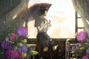 女孩 伞 雨 花园 动漫 艺术 4k壁纸 3840x2160