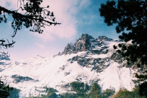 雪山下的森林湖水