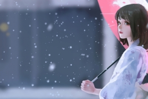 雨伞 雪 女孩白色连衣裙 和服3440x1440带鱼屏壁纸