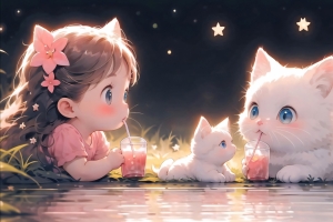 《一起喝果汁喵》小猫 女孩 画师 炼丹 2560x1600高清壁纸