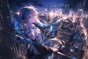 初音未来 城市夜晚星空3200x2000动漫壁纸